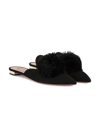 Shop Aquazzura Black Powder Puff Suede Mules