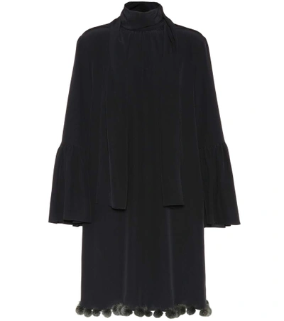 Fendi Long-sleeve Cady Dress W/fur Pompom Trim, Black In Llack