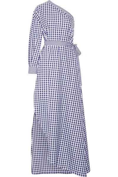 Shop Rosetta Getty One-shoulder Gingham Cotton Wrap Gown In Royal Blue