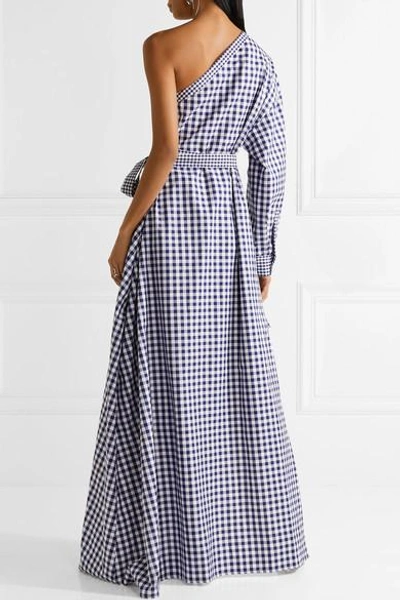 Shop Rosetta Getty One-shoulder Gingham Cotton Wrap Gown In Royal Blue