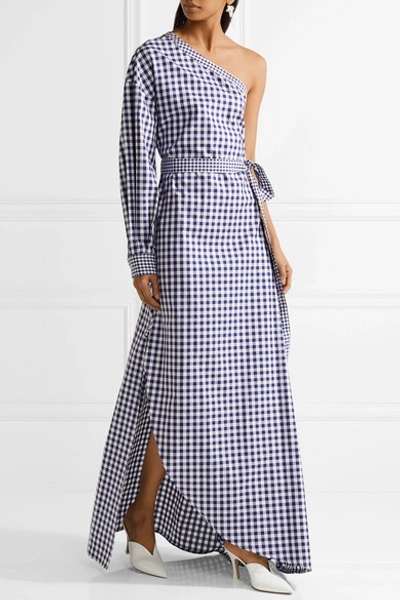 Shop Rosetta Getty One-shoulder Gingham Cotton Wrap Gown In Royal Blue