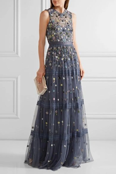 Shop Needle & Thread Floweret Tiered Embellished Tulle Gown In Storm Blue