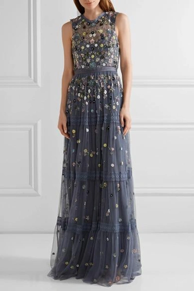 Shop Needle & Thread Floweret Tiered Embellished Tulle Gown In Storm Blue