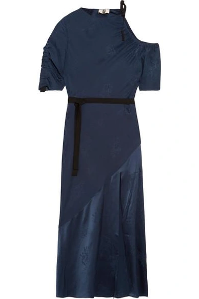 Shop Topshop Unique Lambeth Cutout Silk-jacquard Midi Dress In Navy