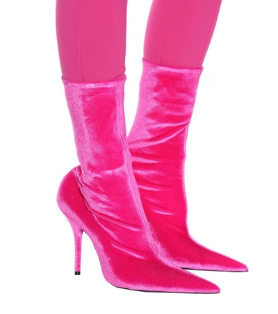 Shop Balenciaga Knife Velvet Ankle Boots In Rose Fuchsia