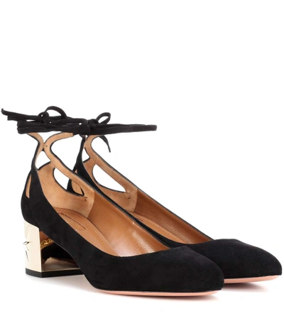 Aquazzura Trinity Suede Ankle-wrap Block-heel Pumps In Black