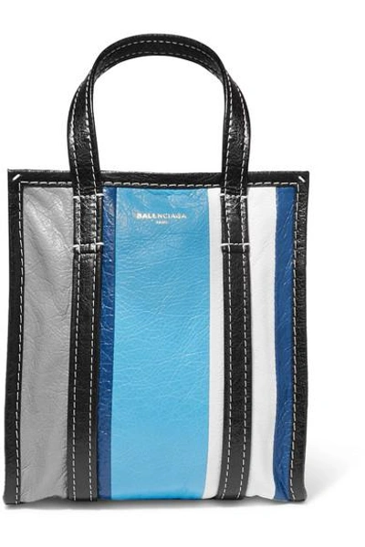 Shop Balenciaga Bazar Xs Striped Textured-leather Tote In Blue