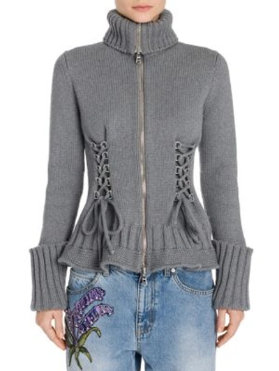 Shop Alexander Mcqueen Lace-up Wool Zip-up Cardigan In Dark Grey