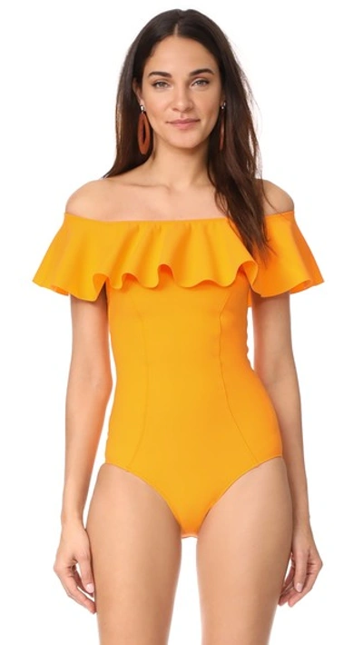Lisa Marie Fernandez Mira Flounce Off-the-shoulder Ruffled Swimsuit In Yellow