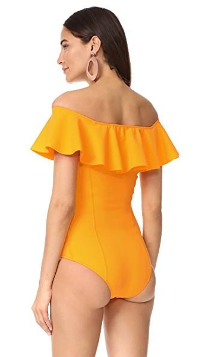 Shop Lisa Marie Fernandez Mira Flounce Maillot In Marigold Bonded