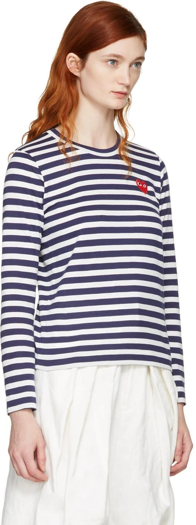 Shop Comme Des Garçons Play Navy Long Sleeve Striped Heart Patch T-shirt