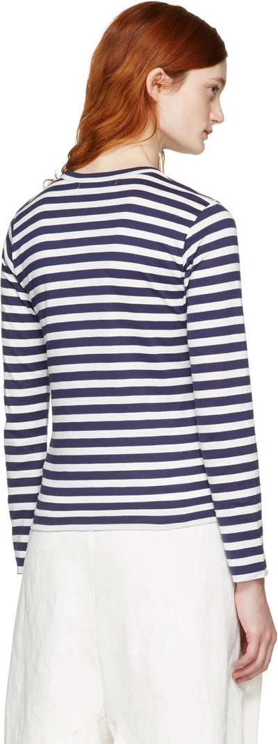 Shop Comme Des Garçons Play Navy Long Sleeve Striped Heart Patch T-shirt