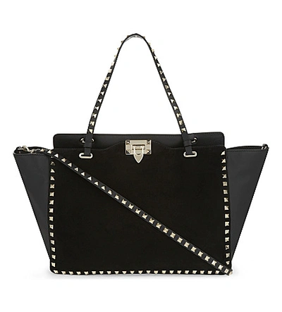 Shop Valentino Rockstud Suede And Leather Tote In Black