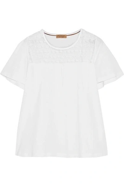 Shop Burberry Lace-paneled Cotton-jersey T-shirt