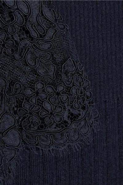 Shop Oscar De La Renta Corded Lace-trimmed Ribbed Merino Wool Top