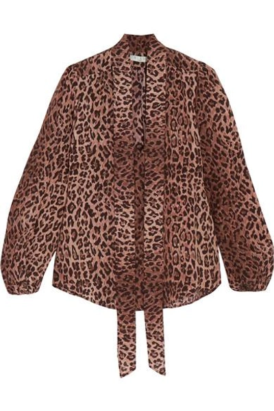 Shop Rixo London Moss Pussy-bow Leopard-print Silk-jacquard Blouse In Leopard Print