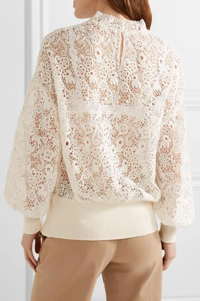 Shop Burberry Ribbed Knit-trimmed Lace Sweater In Ivory