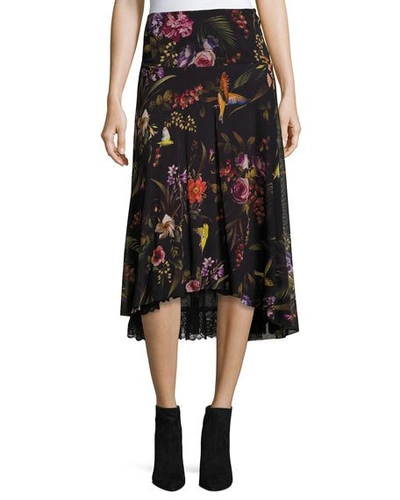 Fuzzi Floral-print Midi Skirt W/ Lace Underlay In Black