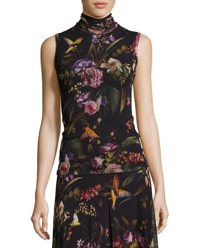 Fuzzi Sleeveless Floral-print Turtleneck, Black Multi