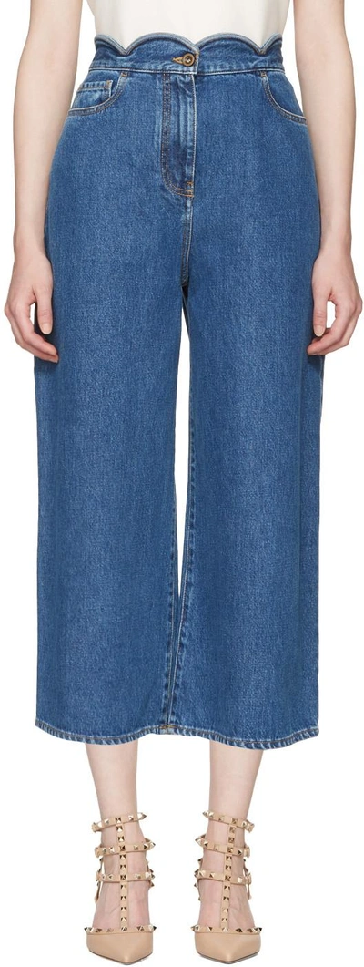 Shop Valentino Blue Wide-leg Scallop Waist Jeans