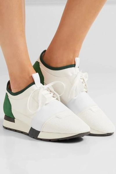 Shop Balenciaga Race Runner Leather, Mesh, Neoprene And Suede Sneakers In White