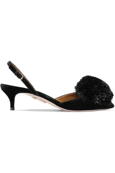 Shop Aquazzura Powder Puff Pompom-embellished Velvet Slingback Pumps In Black