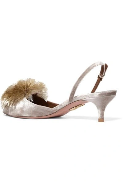 Shop Aquazzura Powder Puff Pompom-embellished Velvet Slingback Pumps In Light Gray