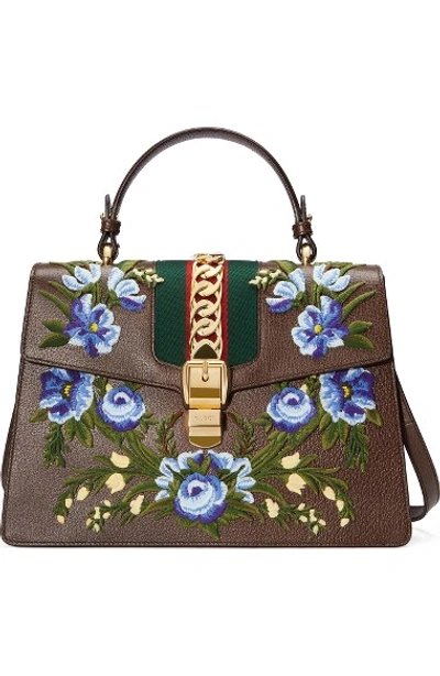 Shop Gucci Medium Sylvie Embroidered Top Handle Leather Shoulder Bag In New Acero/multi