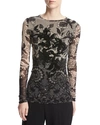 FUZZI LONG-SLEEVE FLORAL LACE-PRINT TOP, BLACK,PROD199970113