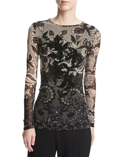Fuzzi Long-sleeve Floral Lace-print Top, Black