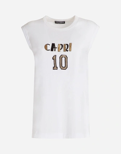 Shop Dolce & Gabbana Sleeveless T-shirt In Cotton With Patch In White