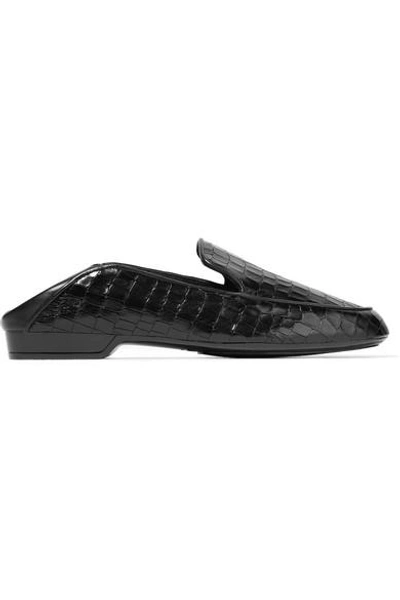 Shop Robert Clergerie Fanin Croc-effect Glossed-leather Collapsible-heel Loafers In Black