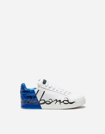 Shop Dolce & Gabbana Leather Portofino Sneakers In White/blue