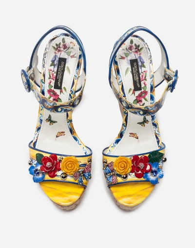 Shop Dolce & Gabbana Wedge Sandals In Cork And Printed Varnish In Multicolor