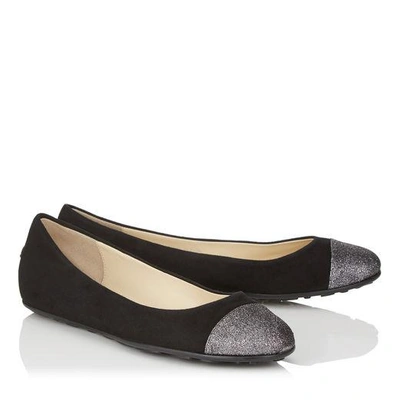 Shop Jimmy Choo Gaze Flat Black Suede Ballerina Flats With Steel Fine Glitter Toe Cap Detail In Black/steel