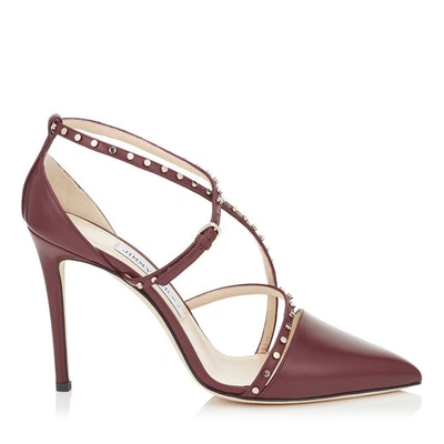Jimmy Choo Tiff 100 Vino Shiny Calf Leather Pointy Toe Pumps With Stud Details
