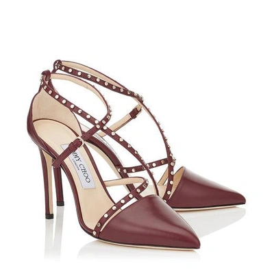 Shop Jimmy Choo Tiff 100 Vino Shiny Calf Leather Pointy Toe Pumps With Stud Details