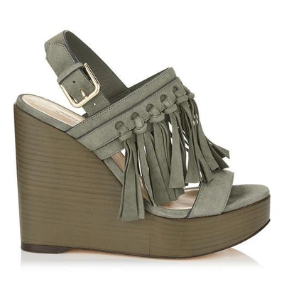 Shop Jimmy Choo Nya 120 Mink Suede Wedges With Fringing