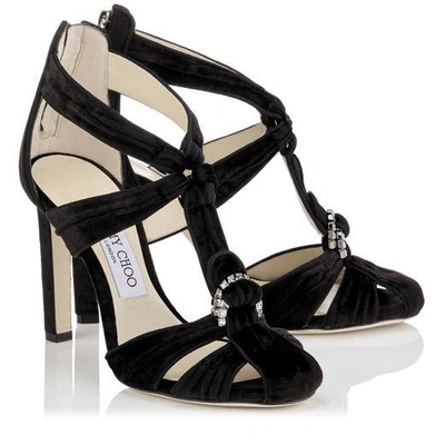 Shop Jimmy Choo Krissy 100 Black Crushed Velvet Round Toe Sandals With Swarovski Crystal Brooch In Black/steel