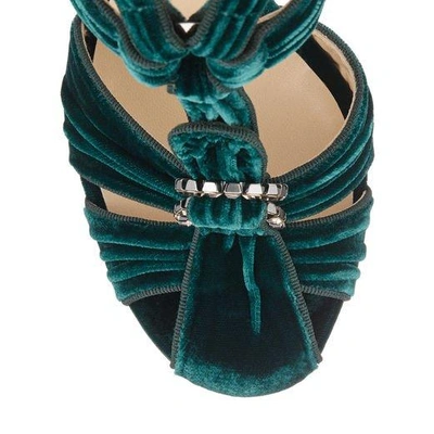 Shop Jimmy Choo Krissy 100 Bottle Green Velvet Round Toe Sandals With Swarovski Crystal Brooch In Bottle Green/steel