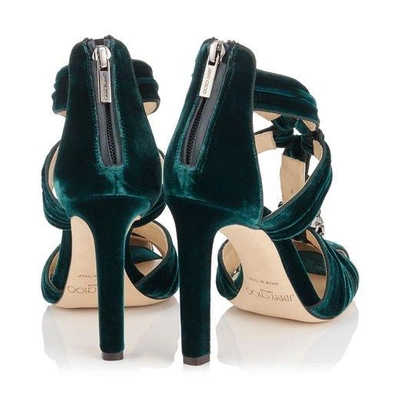 Shop Jimmy Choo Krissy 100 Bottle Green Velvet Round Toe Sandals With Swarovski Crystal Brooch In Bottle Green/steel