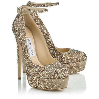 Shop Jimmy Choo Klerise 150 Nude Suede Platform Pumps With Hotfixed Crystals In Nude Mix