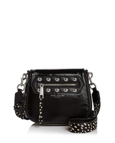 Shop Marc Jacobs Nomad Studded Calf Hair Strap Small Patent Leather Saddle Bag In Black/silver