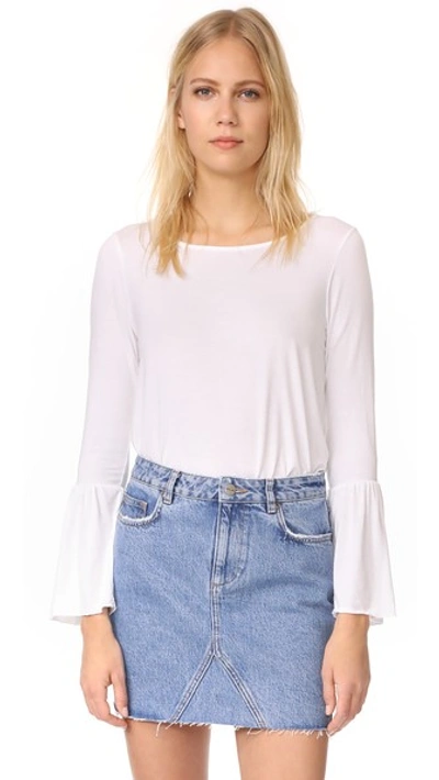 Three Dots Long Sleeve Flounce Top In White