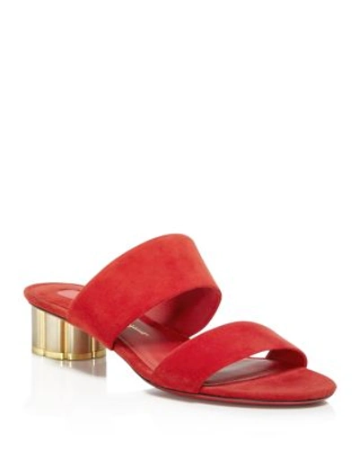 Shop Ferragamo Suede Low Heel Slide Sandals In Lipstick Red/gold