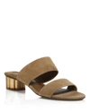 Ferragamo Suede Low Heel Slide Sandals In Bosco Brown/gold