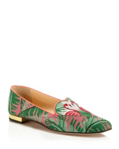 Shop Charlotte Olympia Flamingo Smoking Slipper Flats In Green/pink/gold