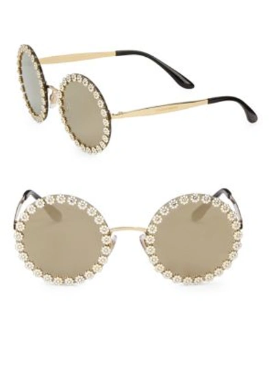 Dolce & Gabbana 56mm Floral-trim Mirrored Round Sunglasses In White/gold |  ModeSens