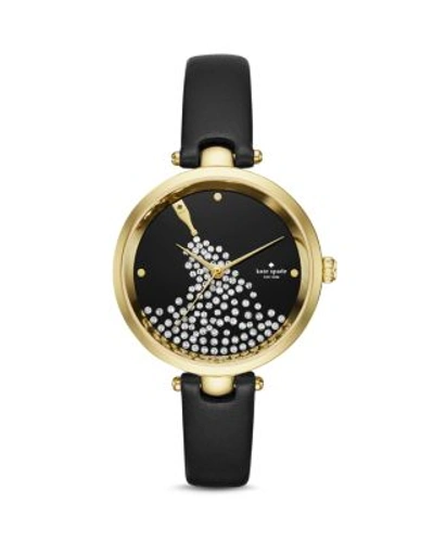 Kate Spade Holland Goldtone Stainless Steel Champagne Bottle Leather Strap Watch In Black