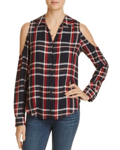 Paige Bellini Plaid Cold-shoulder Top In Dark Ink Blue And Baked Apple